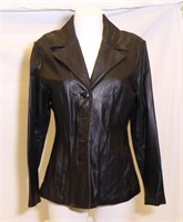 *Womens Medium Leather Coat, Buttoned Jacket,