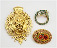 3-VINTAGE GOLD TONED BROOCHES-MICRO MOSAIC
