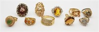 10-VINTAGE GOLD TONED FASHION BLING RINGS