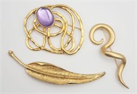 3-VINTAGE GOLD TONED OVERSIZED BROOCHES: