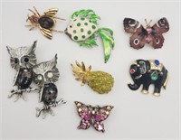 6-VINTAGE ANIMAL BROOCHES WITH BONUS PINEAPPLE