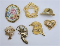 7-VINTAGE GOLD TONED BROOCHES-LC-"I LOVE YOU"