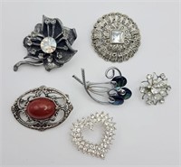 6-VINTAGE SILVER TONED BROOCHES/PINS