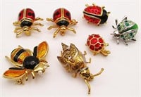 7-VINTAGE GOLD TONED BUG BROOCHES/PINS
