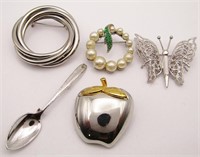 5-VINTAGE SILVER TONED BROOCHES: MONET