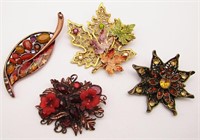 4-VINTAGE GOLD/COPPER TONED RHINESTONE BROOCHES