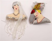 2-VINTAGE CLOTH FLAPPER WOMAN'S BROOCHES