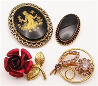 4-VINTAGE GOLD TONED BROOCHES: ONYX