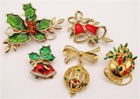 5-VINTAGE GOLD TONED CHRISTMAS BROOCHES