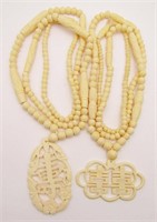 2-VINTAGE CARVED BONE BEADED NECKLACE WITH