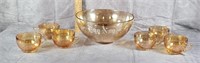 CARNIVAL GLASS EGG NOG BOWL AND 6 CUPS
