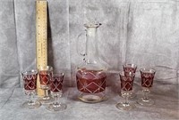 CLEAR & CRANBERRY FLASH DECANTER WITH 6 CORDIALS