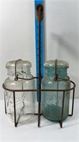 (2) CANNING JARS IN WIRE BASKET