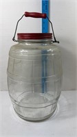 GLASS BARREL PICKLE JAR W/ LID & HANDLE