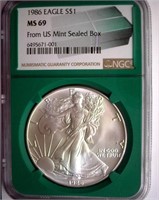 1986 Silver Eagle NGC MS-69 From Sealed Mint Box