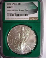1996 Silver Eagle NGC MS-69 From Sealed Mint Box