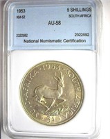 1953 5 Shillings NNC AU-58 South Africa