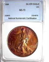 1994 Silver Eagle NNC MS-70 Incredible Color