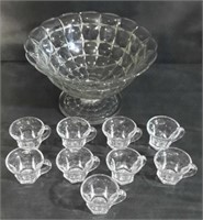 Clear Glass Punchbowl with 9 cups