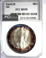 1988 Silver Eagle PCI MS-70 LOTS OF COLOR