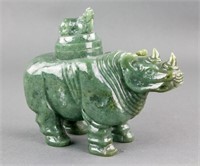 Chinese Green Jade Carved Rhino Vase with Cover
