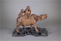 Chinese Wood Carved Cow Boys w/ Stand