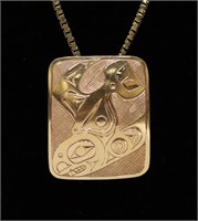 14kt YELLOW GOLD HAIDA PENDANT/BROOCH NECKLACE