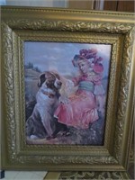 Little Girl & Dog Picture in Gold Frame