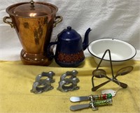 2 handled brass container, Tea Pot,  mini water