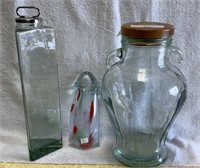 Lot of 3 glass vases/containers, approx 13” tall