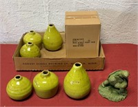 6 green glazed vases, turtle and bunny rain gauge