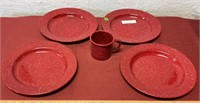 4 red enamel plates and one cup