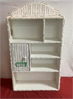 White wooden wicker display shelf 16“ x 28“ tall