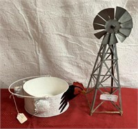 Tin rooster pail and a small decorative windmill