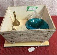 Wooden decorative box with brass bells & a few
