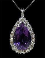 14K White gold pear cut amethyst pendant with