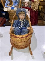 WICKER CRADLE/SLEAD WITH 18IN DOLL PJ'S NEED