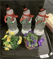 3 Snowman Snow Globes, Flower Decor.