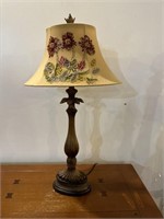 Patinated metal lamp with hand crotchet shade