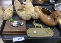 Assorted Carved Ducks & Planter.