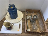 Cutting boards, kitchens items, vintage can,