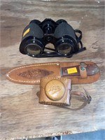 Binoculars, camera case, knife
