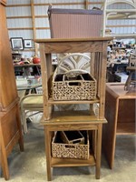 2 oak stands with baskets