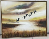 Large Oil Painting with Ducks Flying