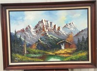 Mountain Cabin By Lake Framed Art