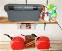 2 Plastic Gas Cans, Rubbermaid Toolbox, Cleaner