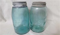 2 antique blue glass Ball third L Mason quart jars