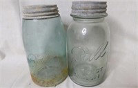 Antique blue glass Ball third L Mason quart jar w/