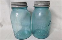 2 vintage blue glass Ball Perfect Mason quart jars