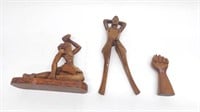 (3) Wood Carvings: Nut Cracker, Man w Sword, Fist